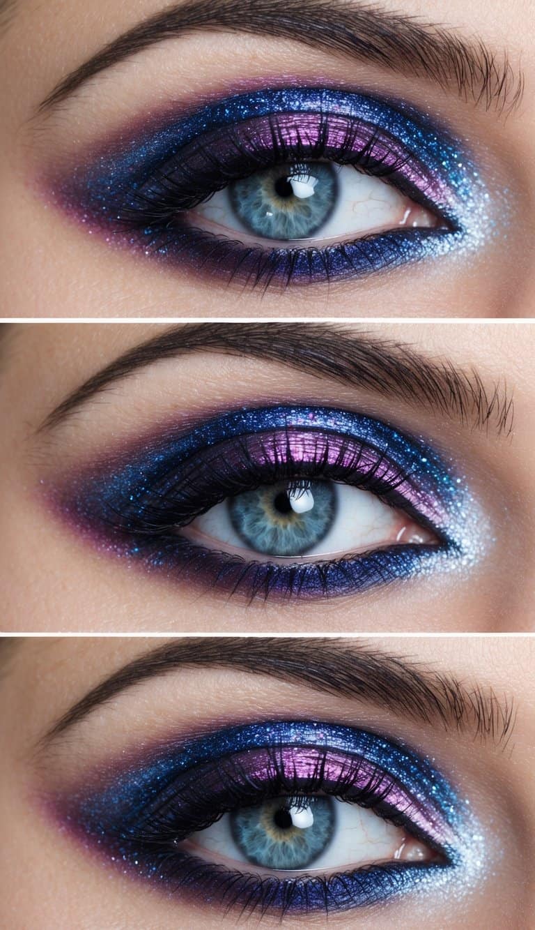 A swirling galaxy of shimmering purples, blues, and pinks, blending seamlessly to create a sophisticated and refined eye makeup design