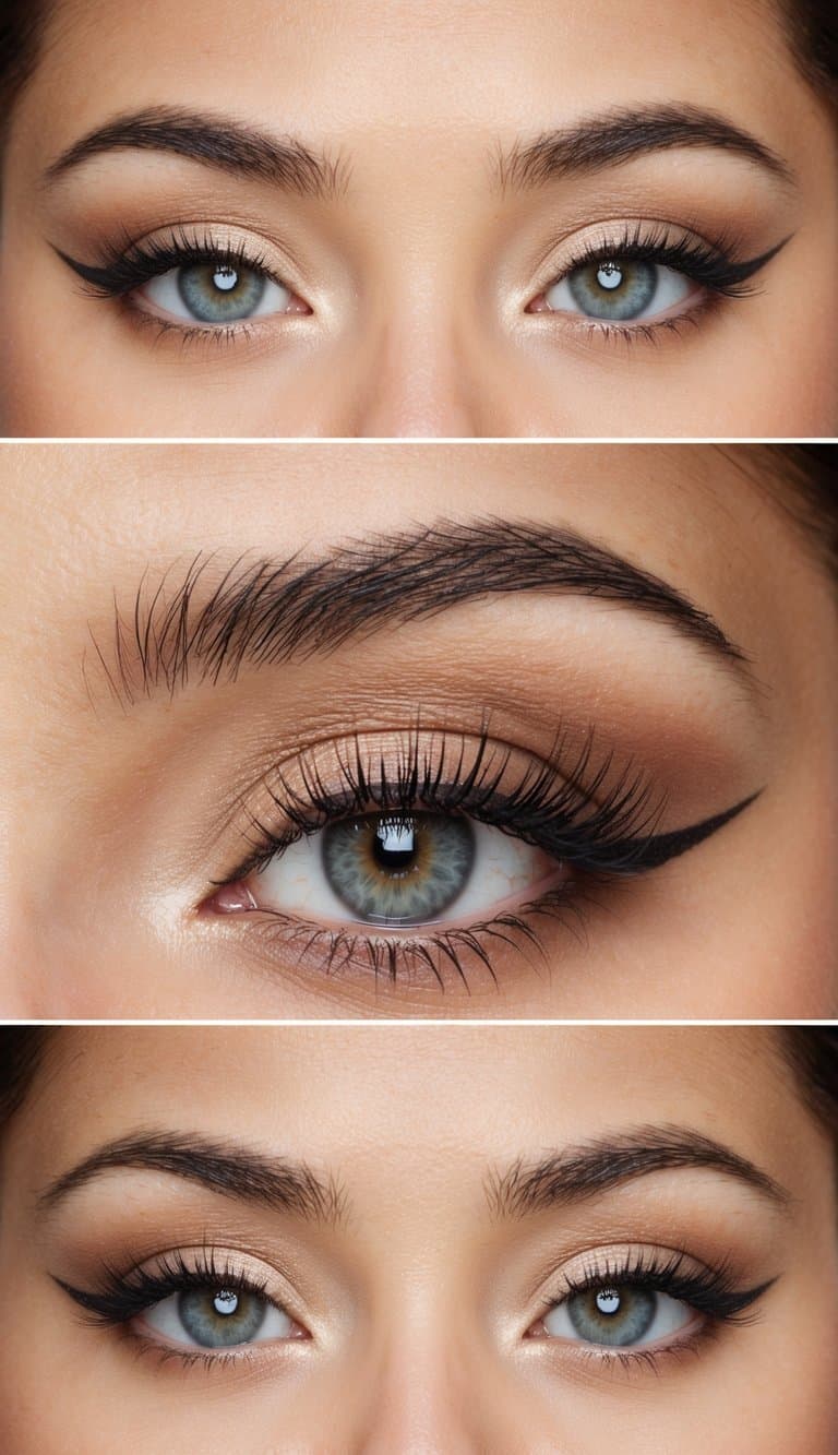 A close-up of an elegant eye with sophisticated and refined makeup designs, featuring soft and neutral color tones