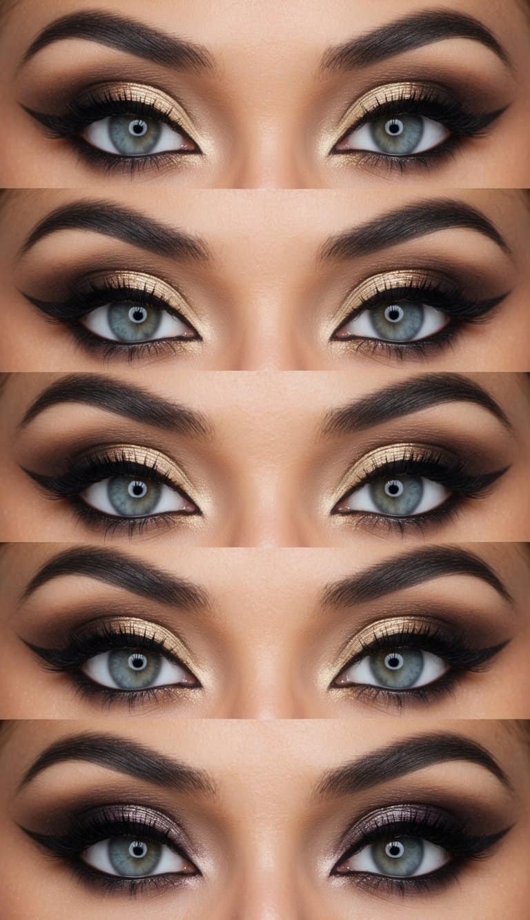 A sleek and elegant display of various eye makeup designs, showcasing sophistication and refinement