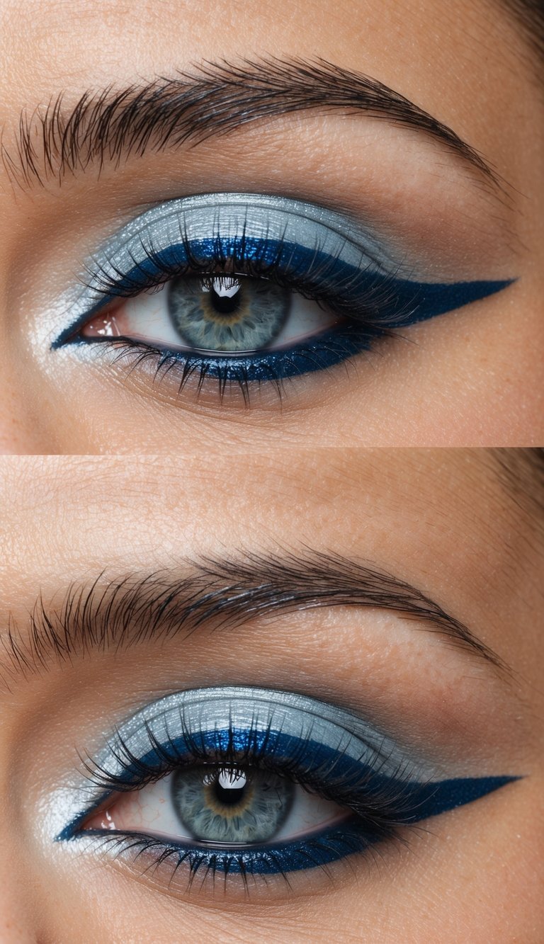 A sleek, cool-toned eye makeup look with icy blue liner and shimmering shadows