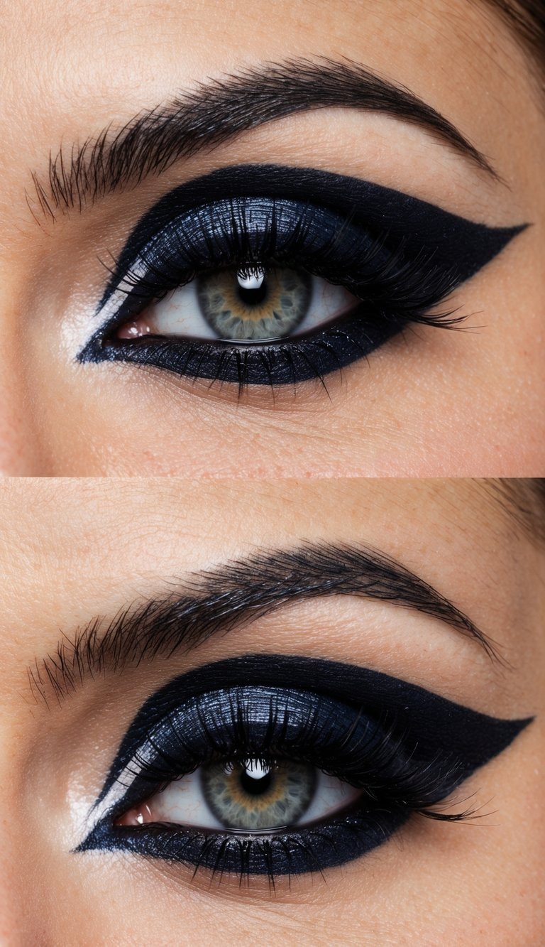 A close-up of a striking eye with bold and dramatic makeup, featuring dark shadows and sharp lines for an edgy look