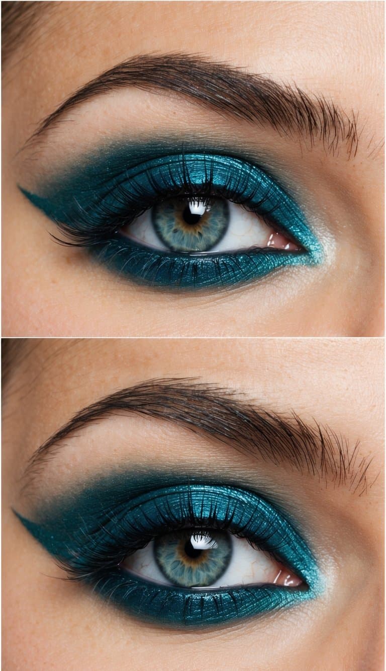 A close-up of an elegant eye with regal teal eyeshadow and refined detailing, exuding sophistication and class