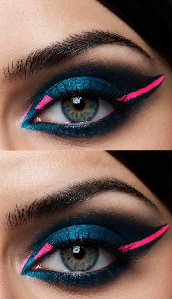 Close-up of a woman's eye with dramatic eye makeup, featuring metallic blue eyeshadow, a bold pink eyeliner accent, and well-defined eyebrows.