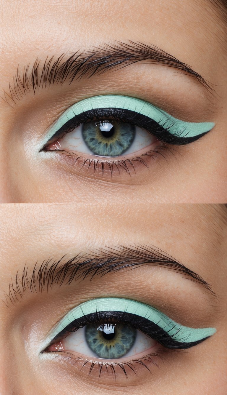 A close-up of a pair of eyes with a sleek and precise application of cool mint gel liner, complemented by icy cool-toned eyeshadows in elegant and sophisticated combinations