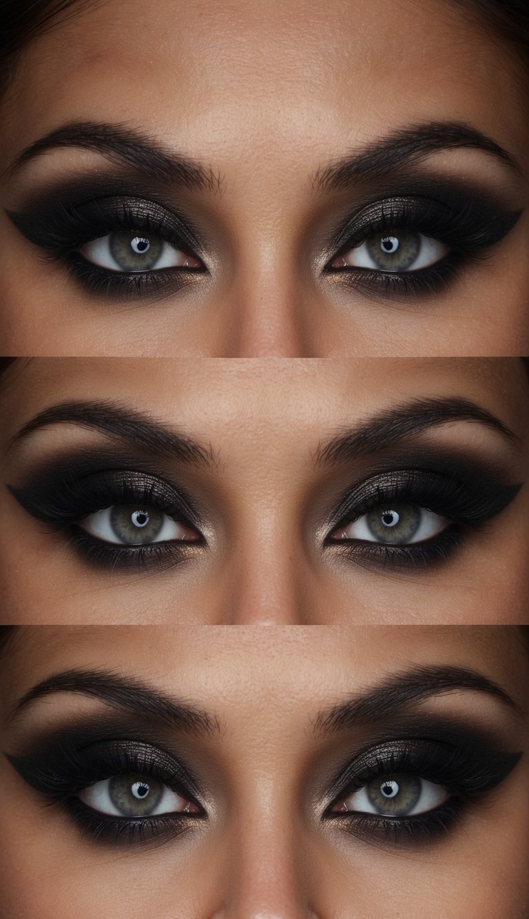 A pair of intense, smoky cat eyes set against a stark, black background