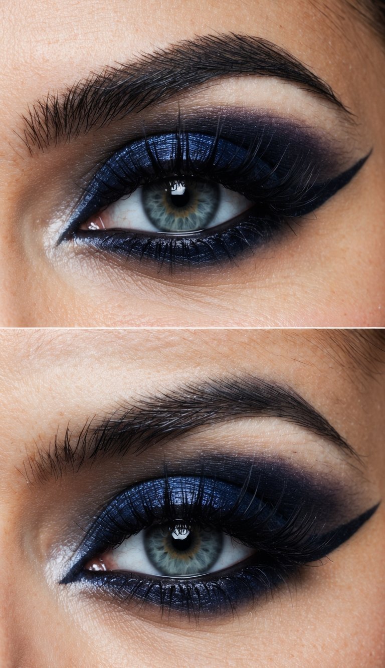 A close-up of a striking eye with bold, dark shadows and dramatic eyeliner, creating a fierce and edgy makeup look