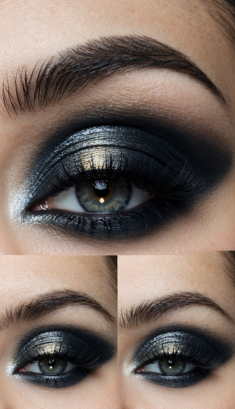 A metallic ombre eye makeup look with dark shadows and shimmering highlights creating a bold and edgy effect