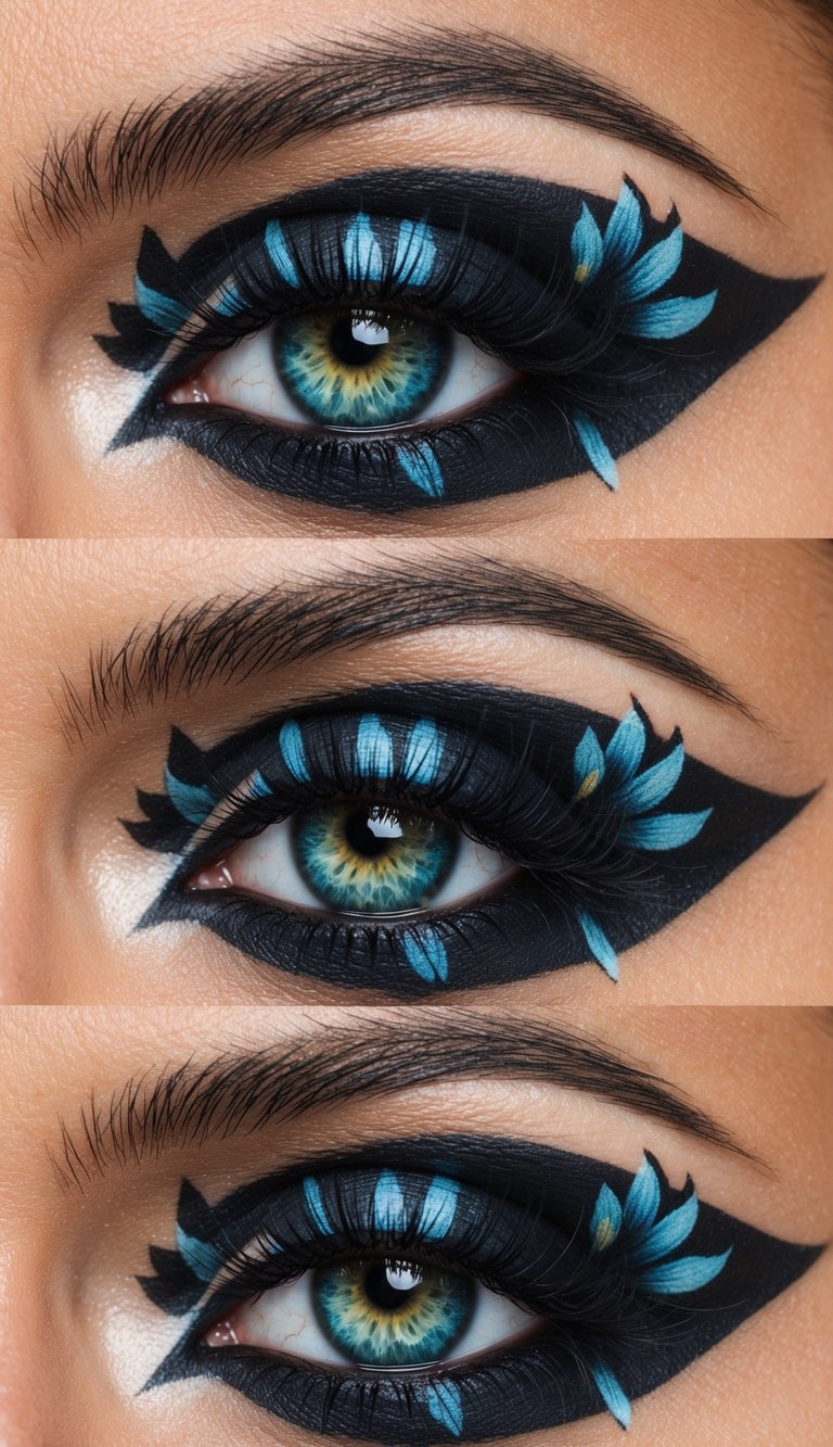 A close-up of a striking eye with bold floral details in dark shadows