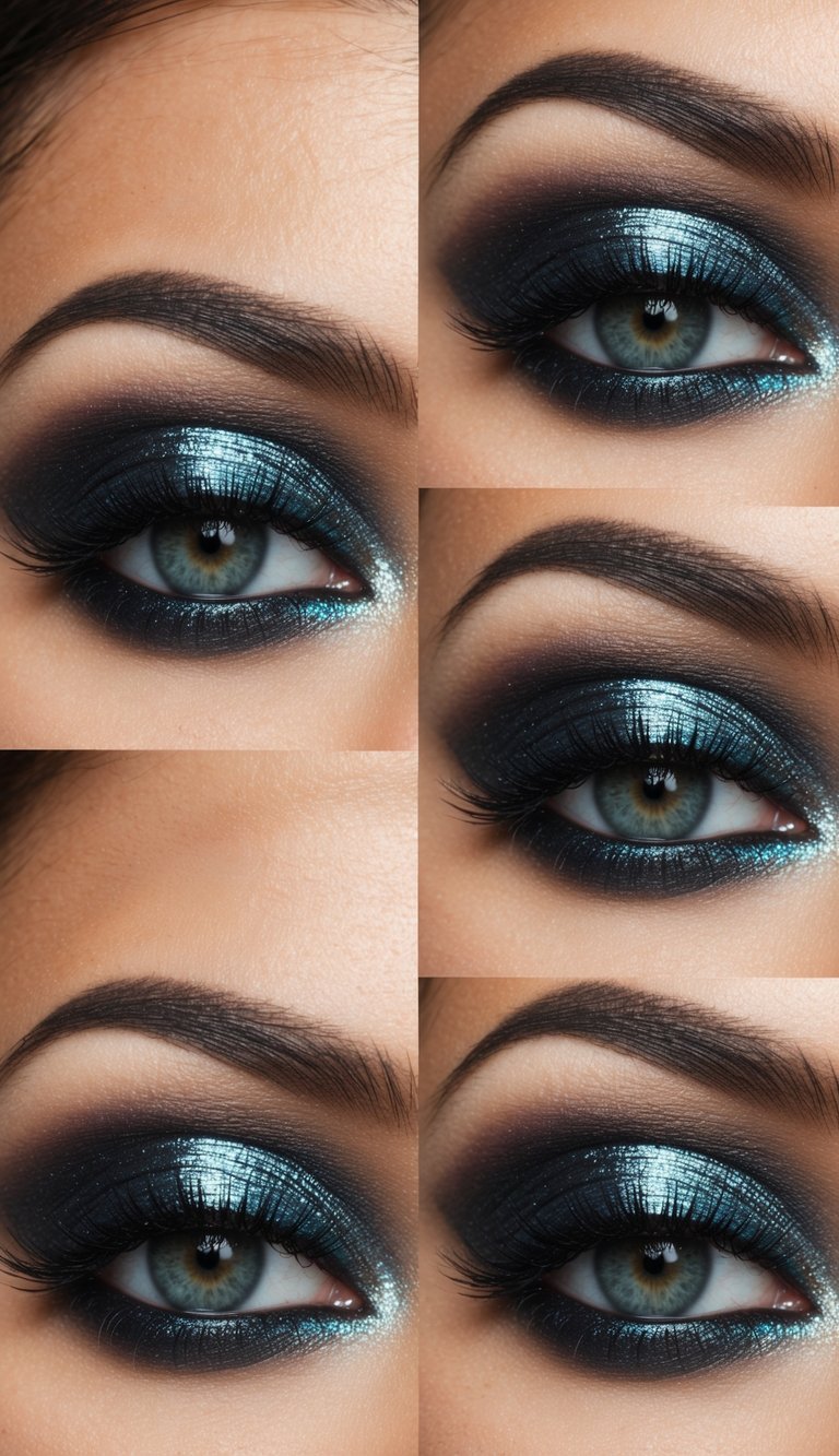 A close-up view of holographic lids with bold and dramatic eye makeup in dark shadows and shimmering metallics