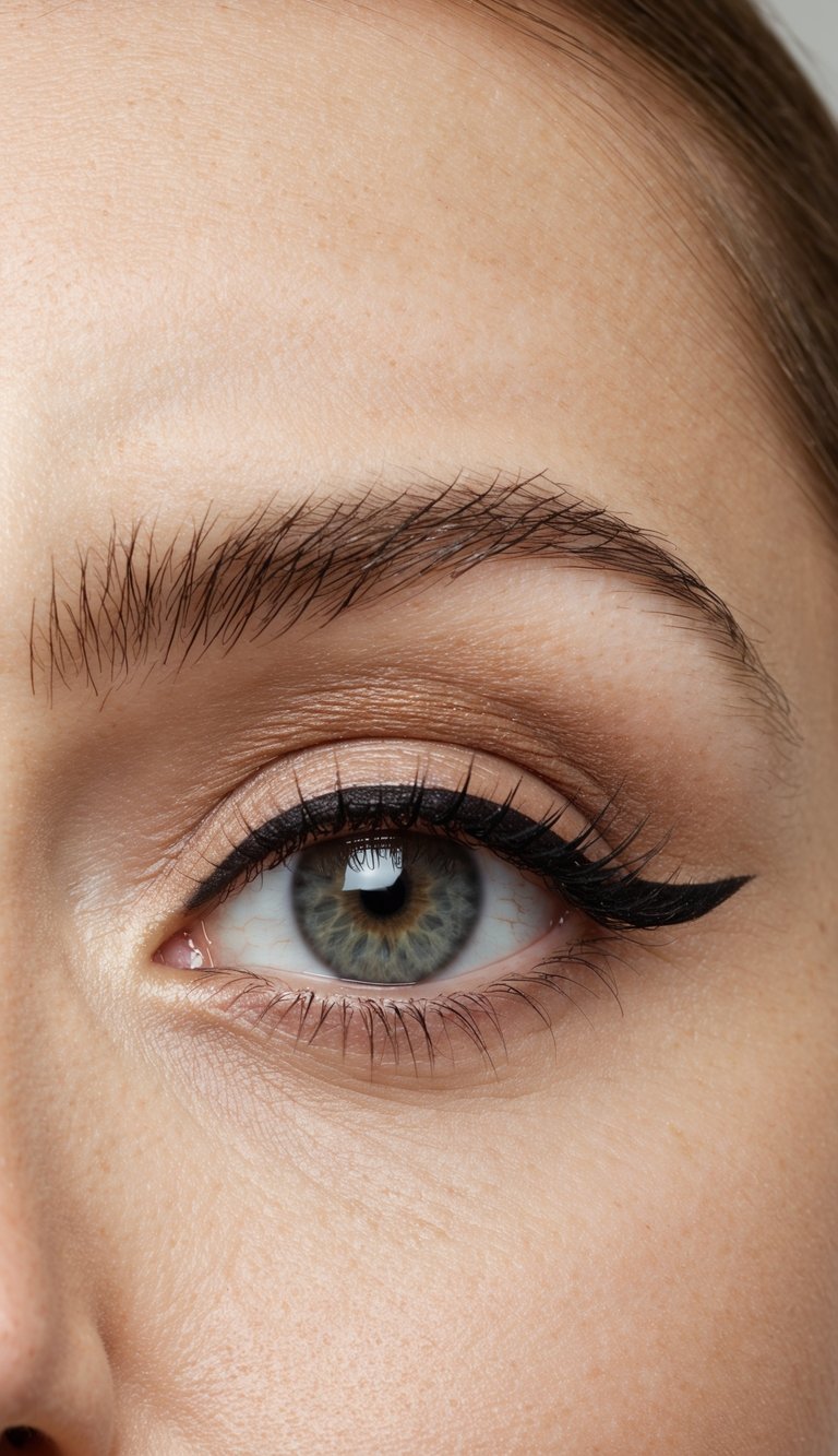 A close-up of an eye with neutral-toned eyeshadow, subtle eyeliner, and mascara, creating a simple yet stylish everyday makeup look
