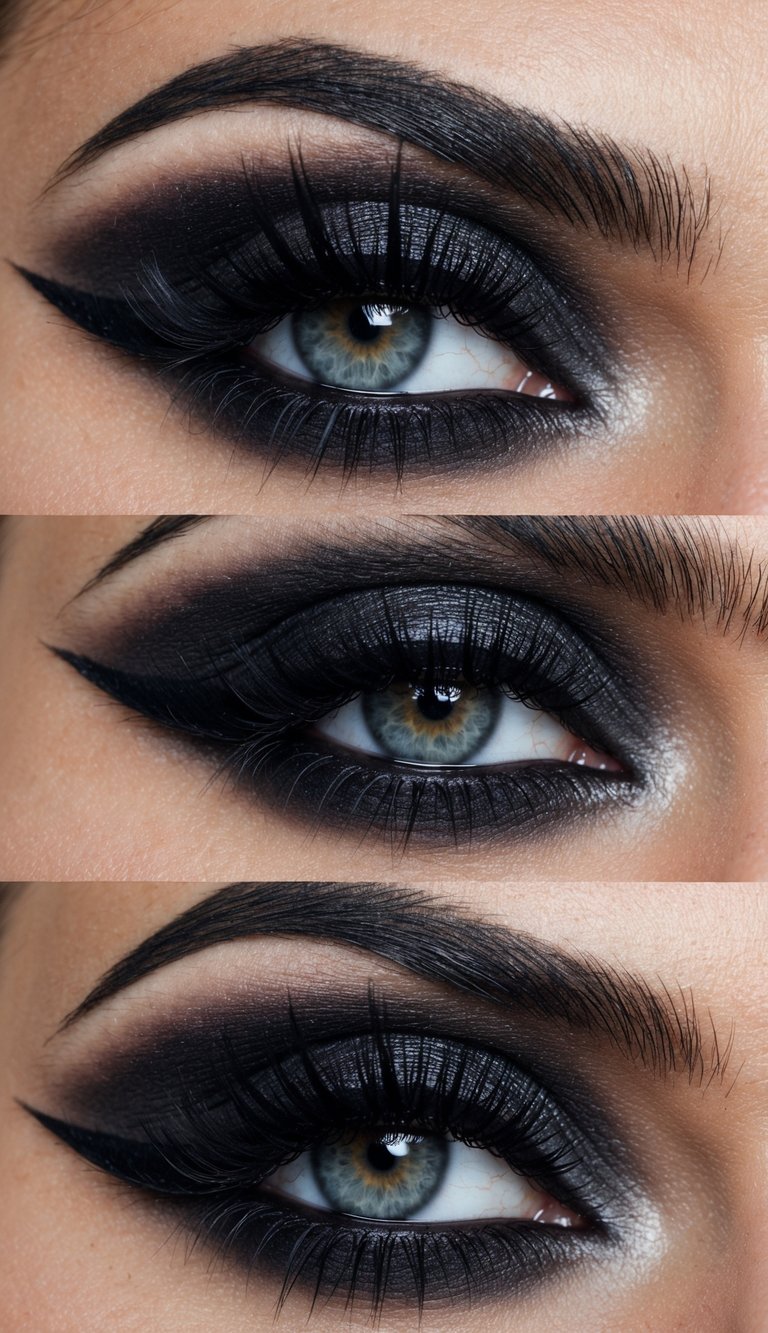 A close-up of intense, smoky eye makeup with sharp, winged eyeliner and feathered edges. Rich, dark colors create a bold and dramatic look