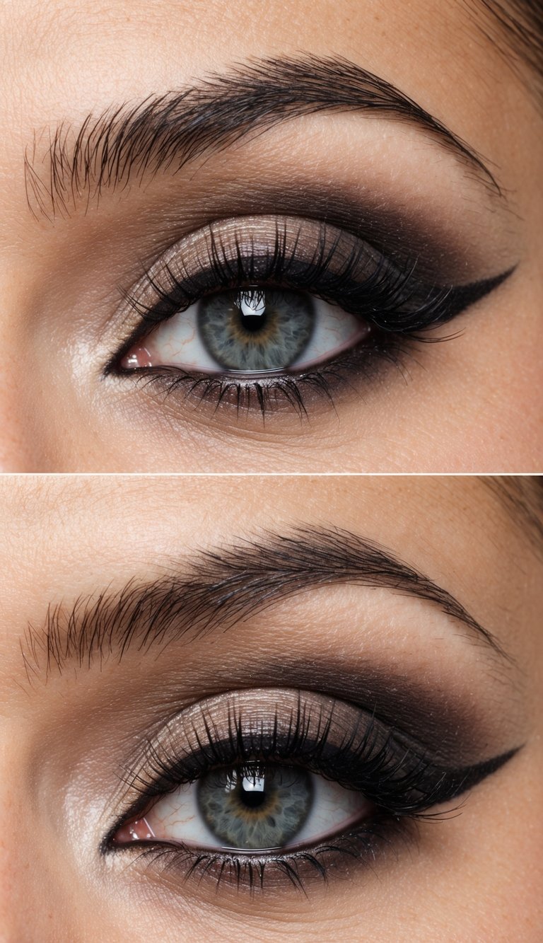 A close-up of an eye with a smokey eye makeup look using neutral tones