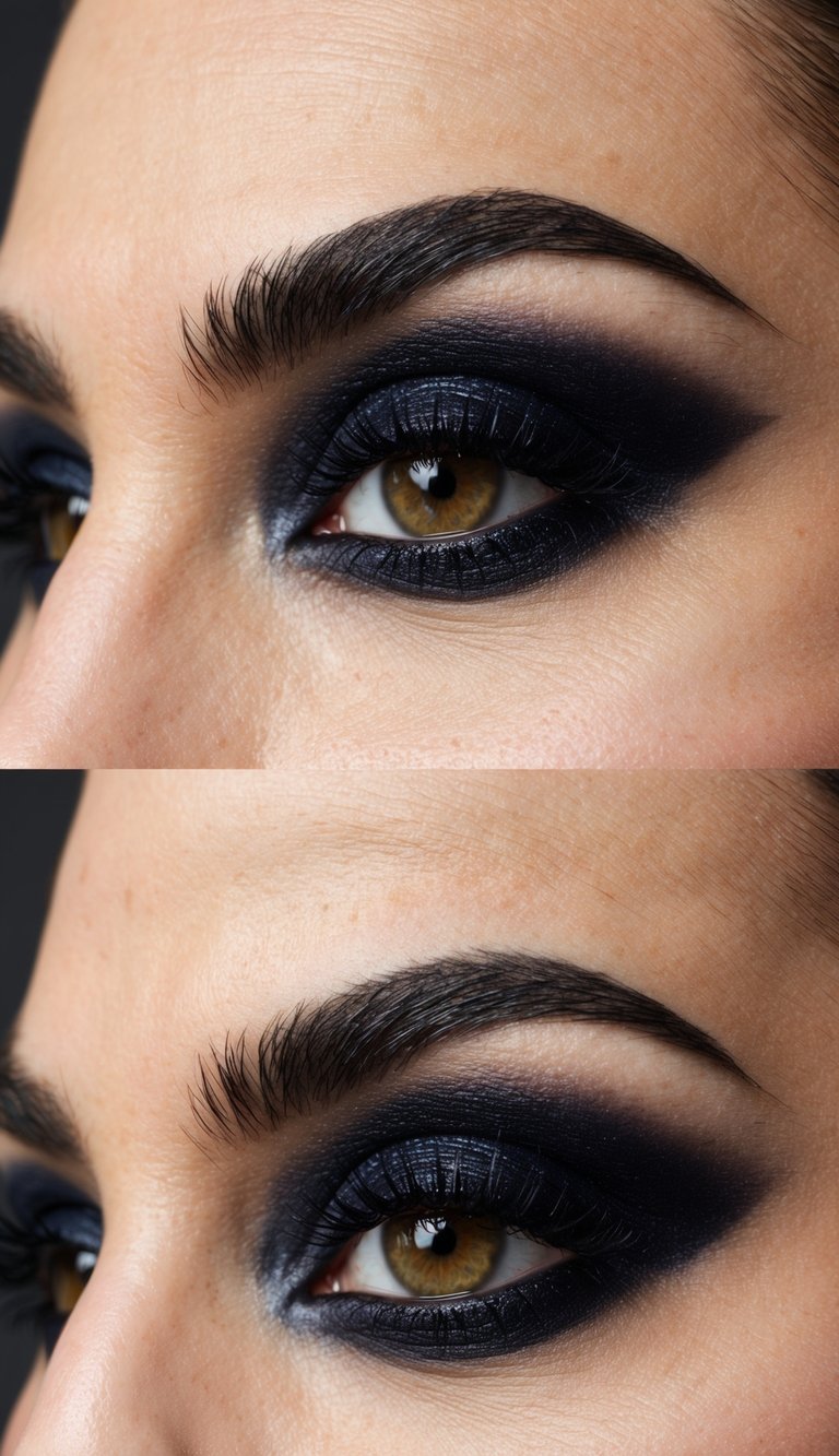 A close-up of bold, dramatic eye makeup with dark shadows and sharp, defined brows