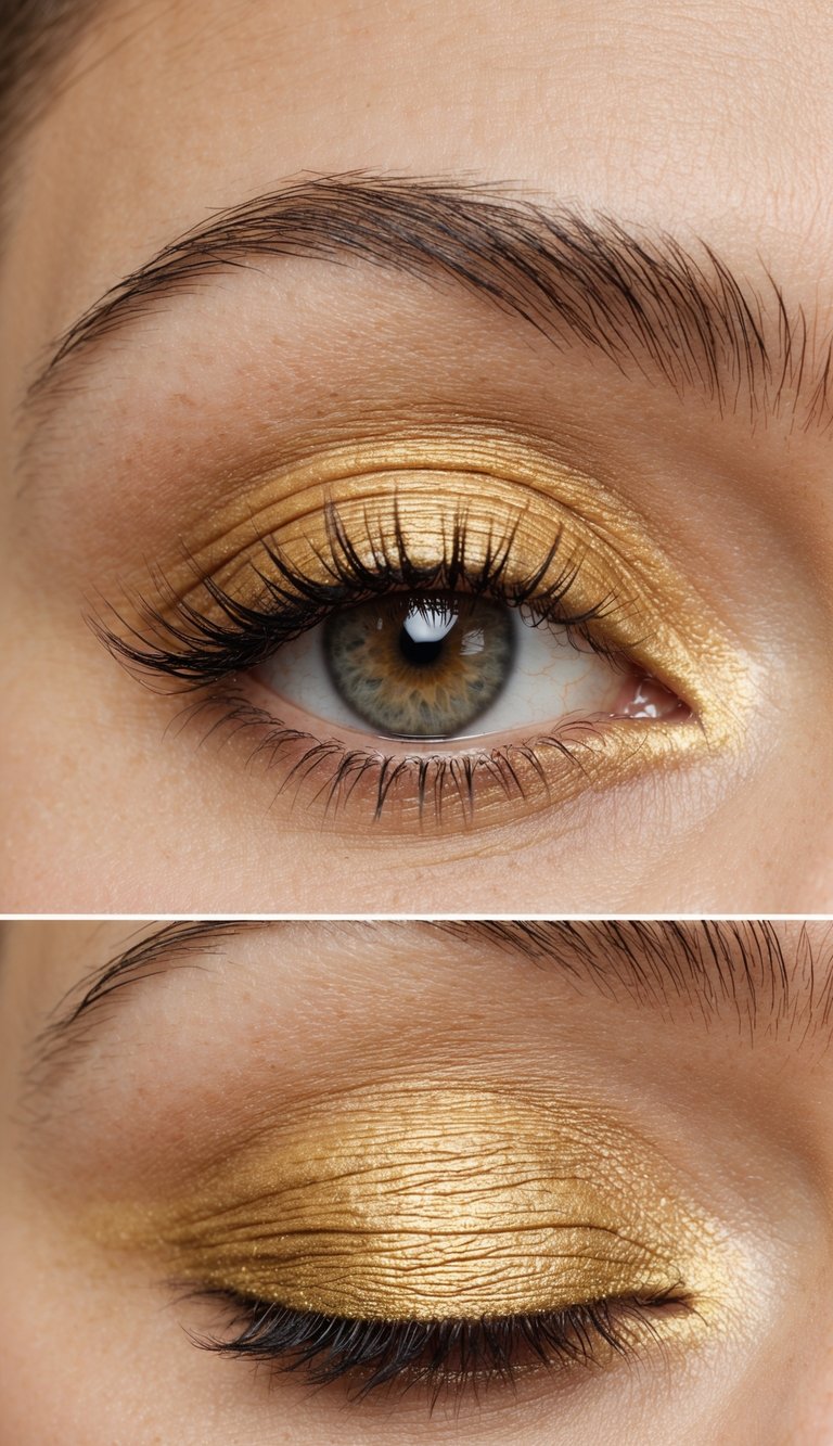 A close-up of an eyelid with golden eyeshadow, softly blended with neutral tones for a simple and stylish everyday look