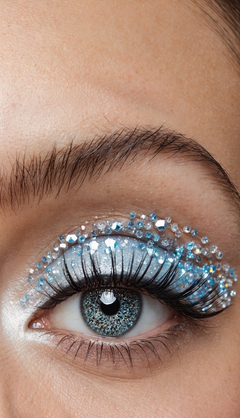 A close-up of glistening, frosty eye makeup with shimmering polar glow crystals in cool tones