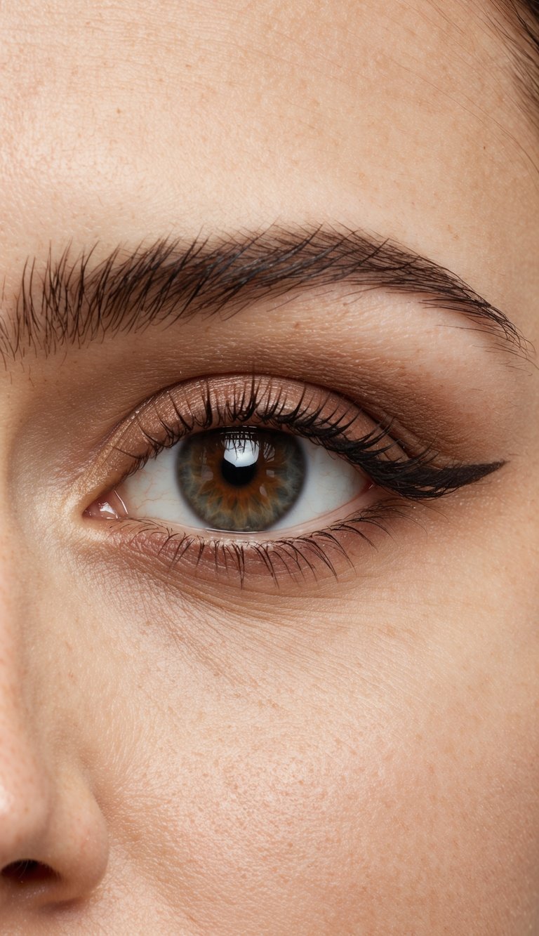 A close-up of an eye with subtle brown eyeshadow and soft eyeliner, framed by natural lashes and groomed brows