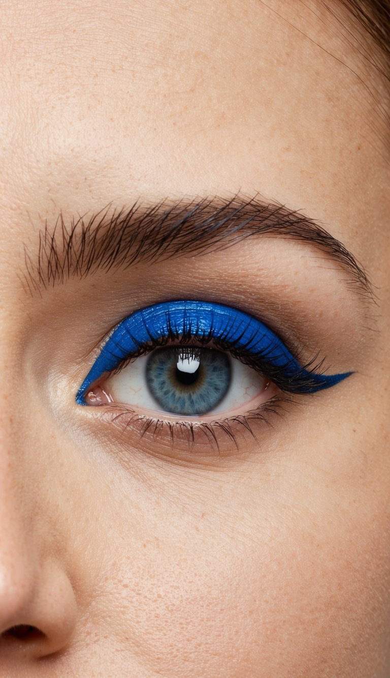 A close-up of an eye with vibrant blue eyeliner, surrounded by neutral eyeshadow, creating a simple and stylish everyday makeup look