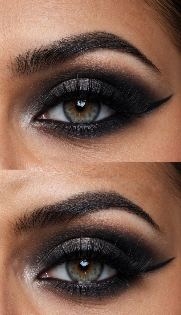 A dramatic diva with dark shadows, wearing stylish neutral eye makeup