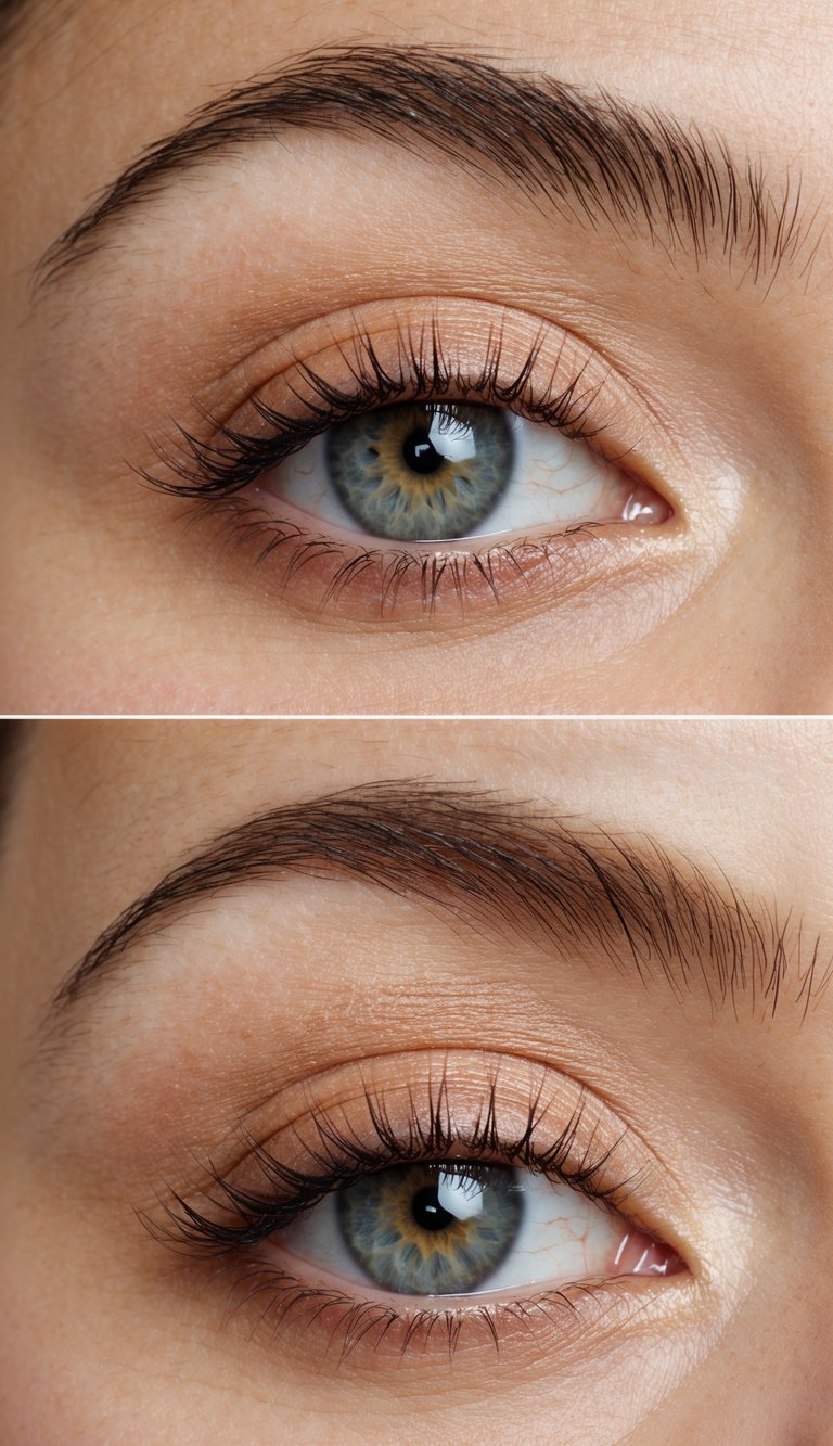 A close-up of a pair of eyes with a natural, peachy eye shadow look and a subtle glow