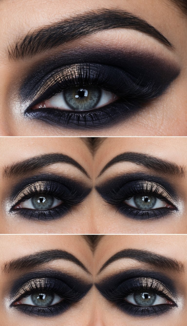 A sultry eye with a moonlit smoky effect, using bold and dark shadows to create an edgy and dramatic look