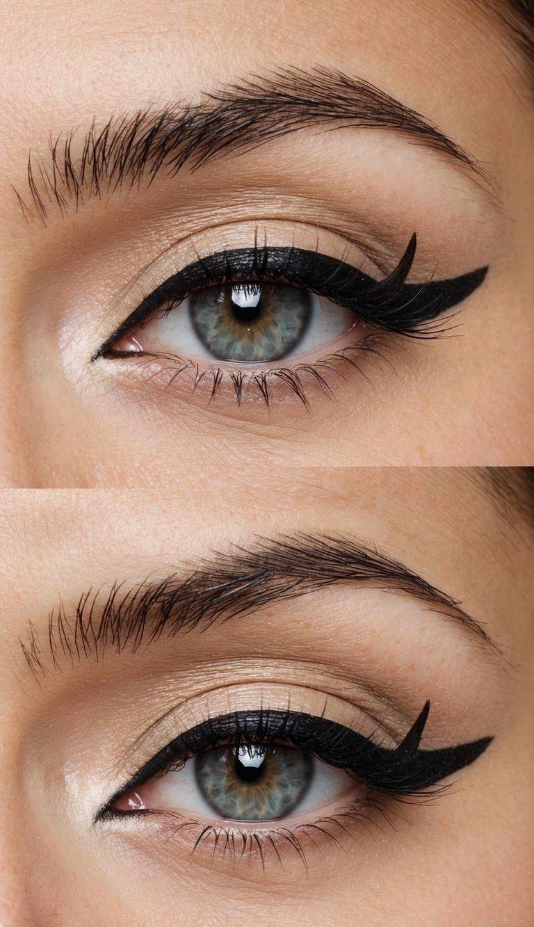 A close-up of an eye with neutral-toned eyeshadow and bold graphic eyeliner, creating a simple yet stylish everyday makeup look