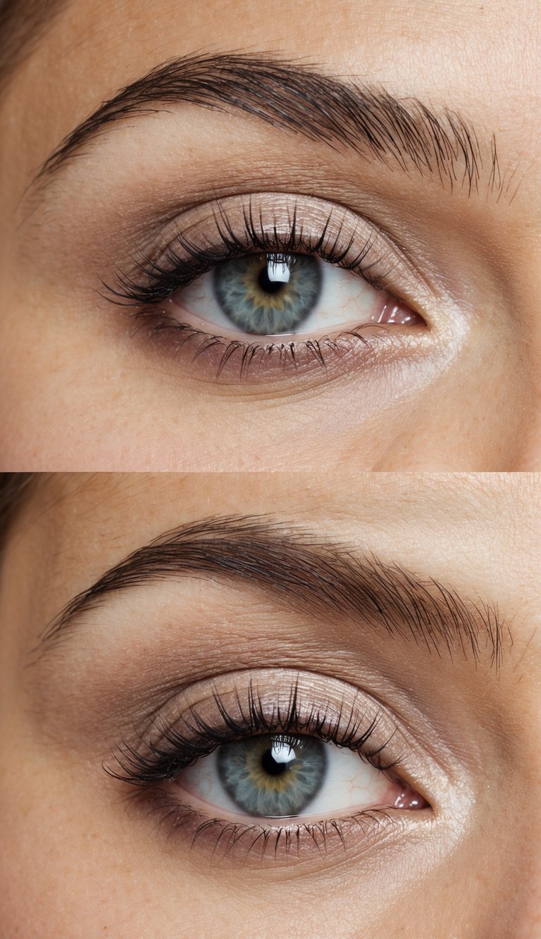 A close-up of a cool-toned, neutral eye makeup look with soft blending and subtle shimmer, creating a simple and stylish everyday look