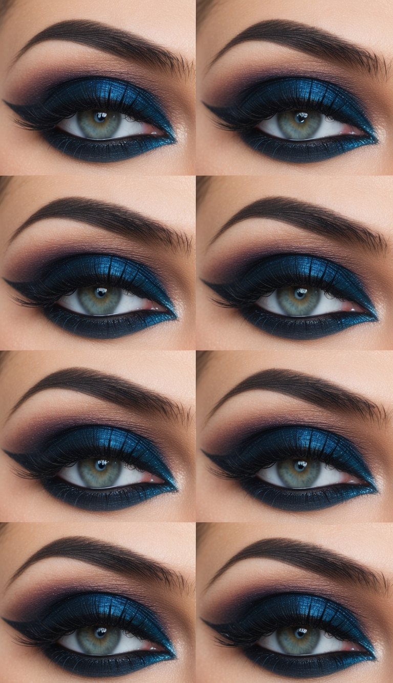 A close-up of vibrant, edgy eye makeup with bold dark shadows and dramatic eyeliner