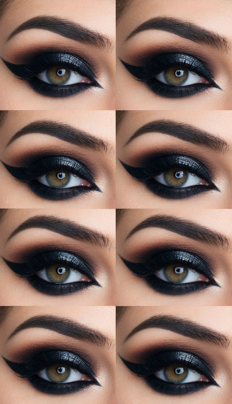 A single eye with bold and dramatic makeup, featuring dark shadows and edgy details