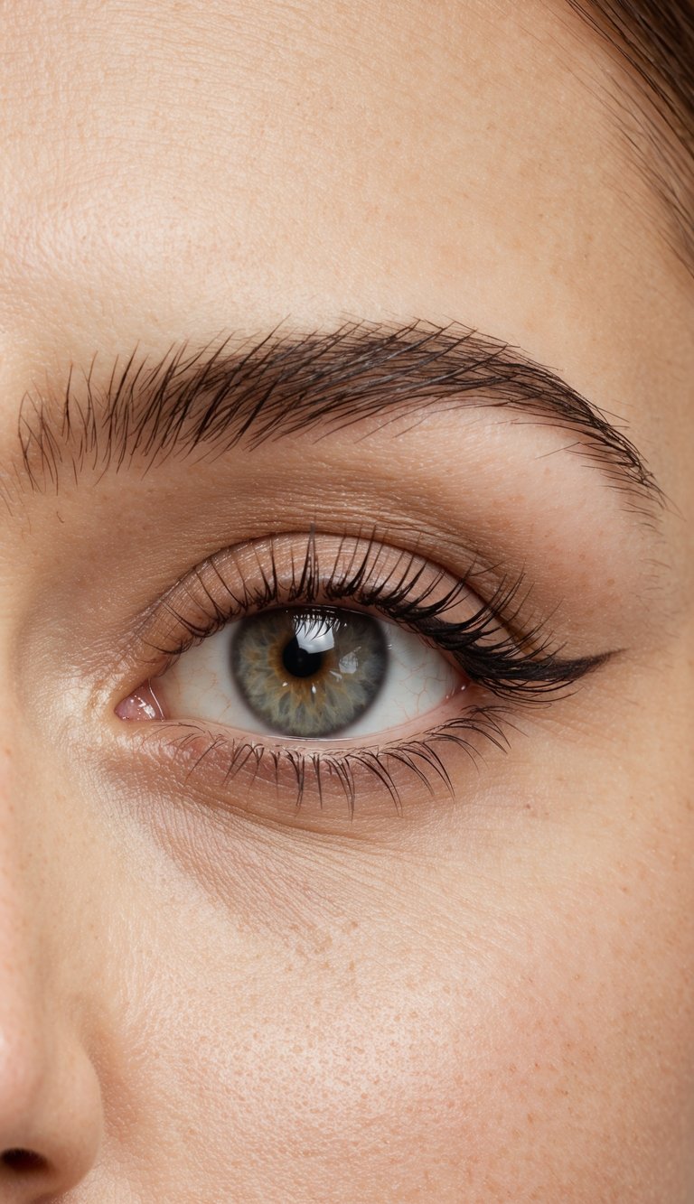A close-up of an eyelid with a defined crease and neutral eye makeup, showcasing a simple and stylish everyday look