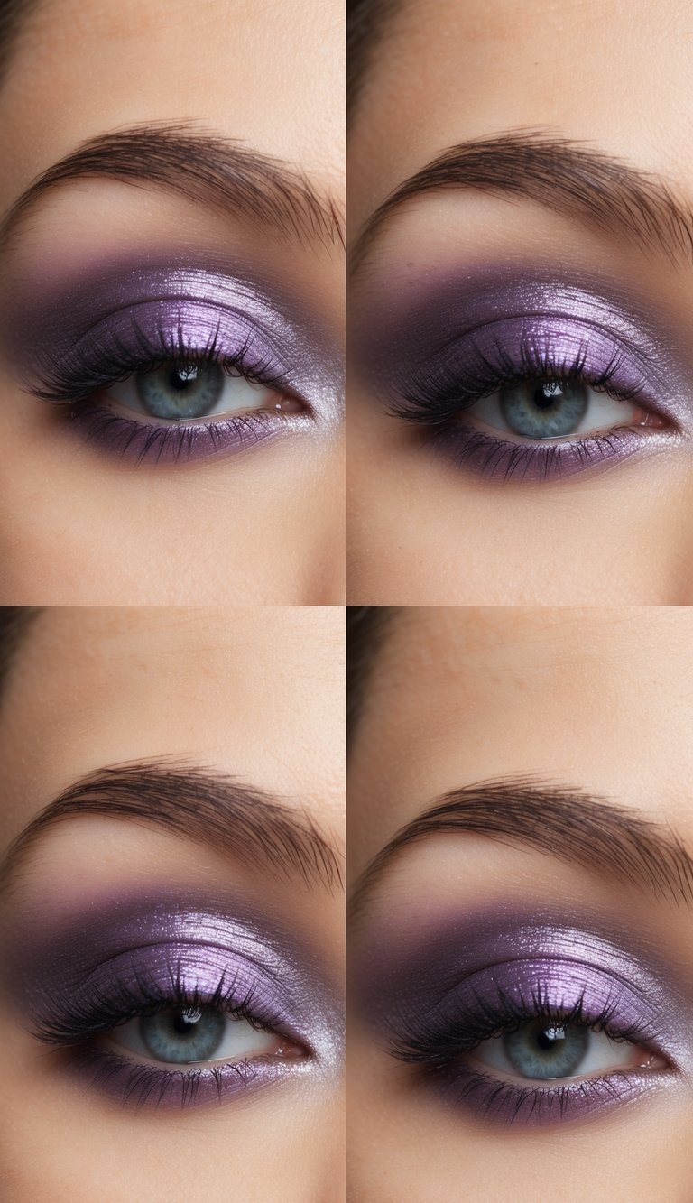 A close-up of a pair of eyelids adorned with icy cool-toned velvet eyeshadow in a frozen violet hue, creating an elegant and sophisticated look