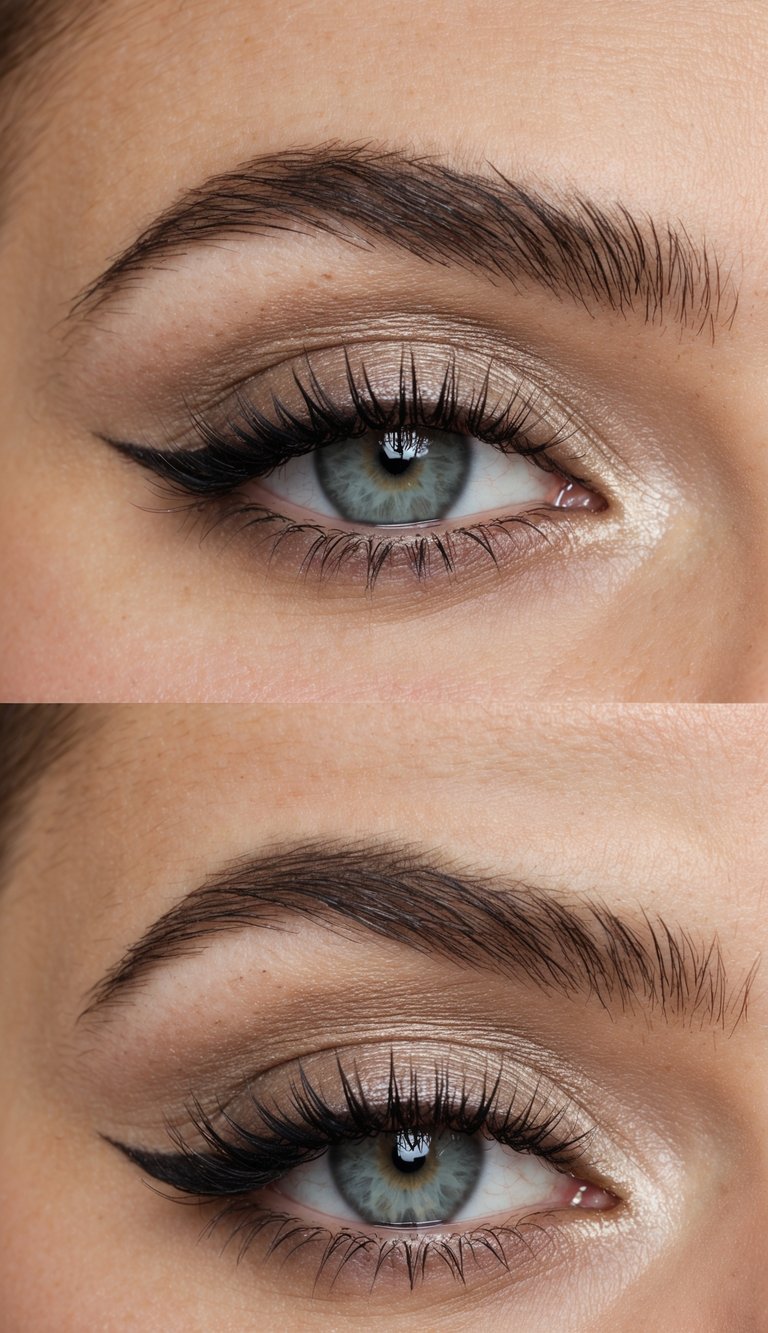 A close-up of a soft blended grunge eye makeup look with neutral tones and a stylish, everyday vibe