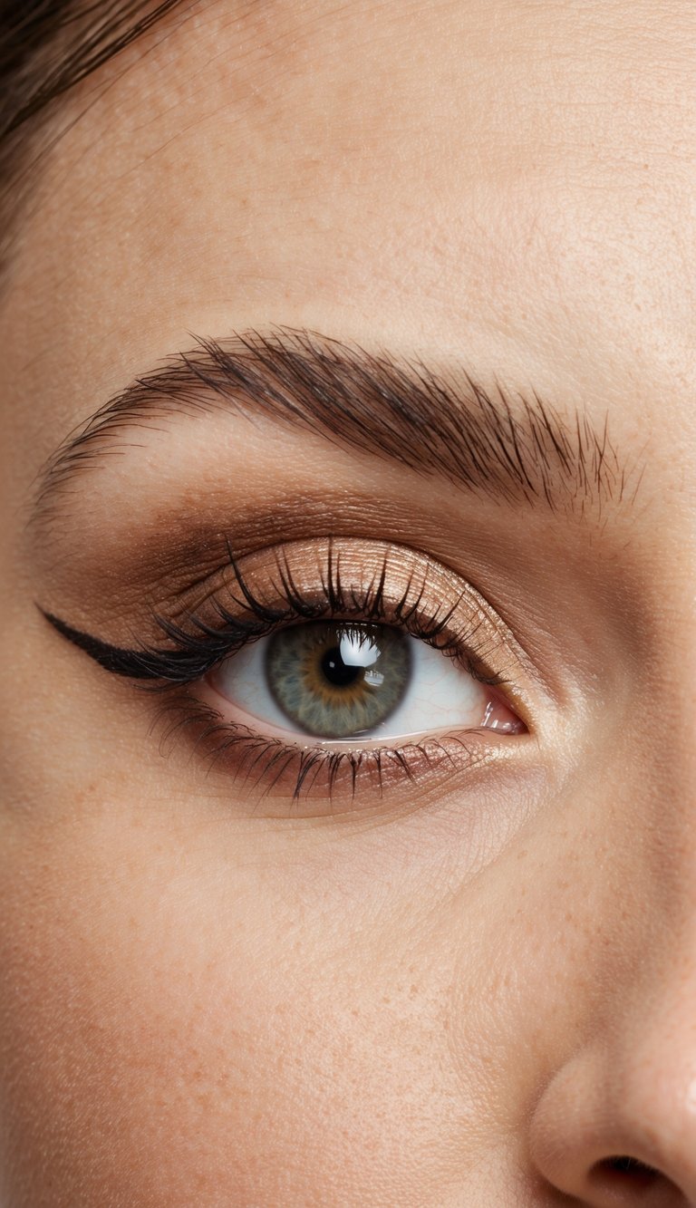 A close-up of an eye with neutral-toned eyeshadow and subtle eyeliner, creating a simple yet stylish bronze goddess look