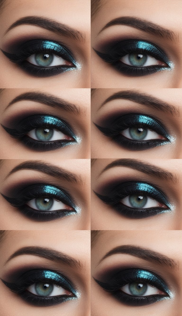 A close-up of a bold and dramatic eye makeup look with dark shadows and iridescent silk accents