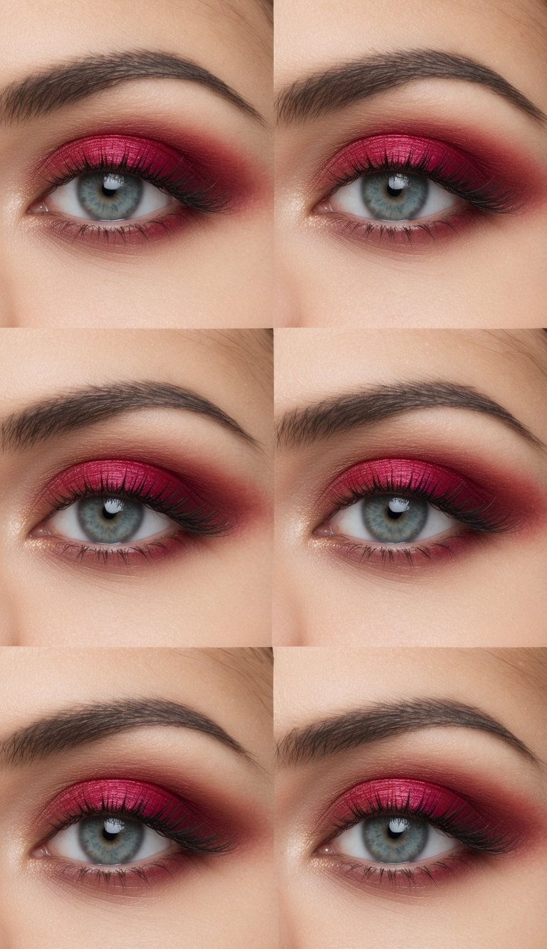 A close-up of an eye with sultry red hues and neutral tones, creating a simple and stylish everyday makeup look