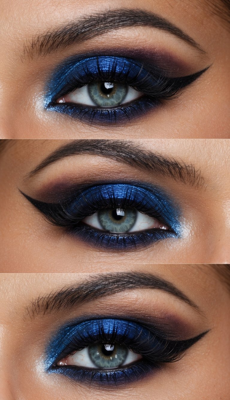 A close-up of a dramatic eye with bold jewel-toned shadows and edgy details