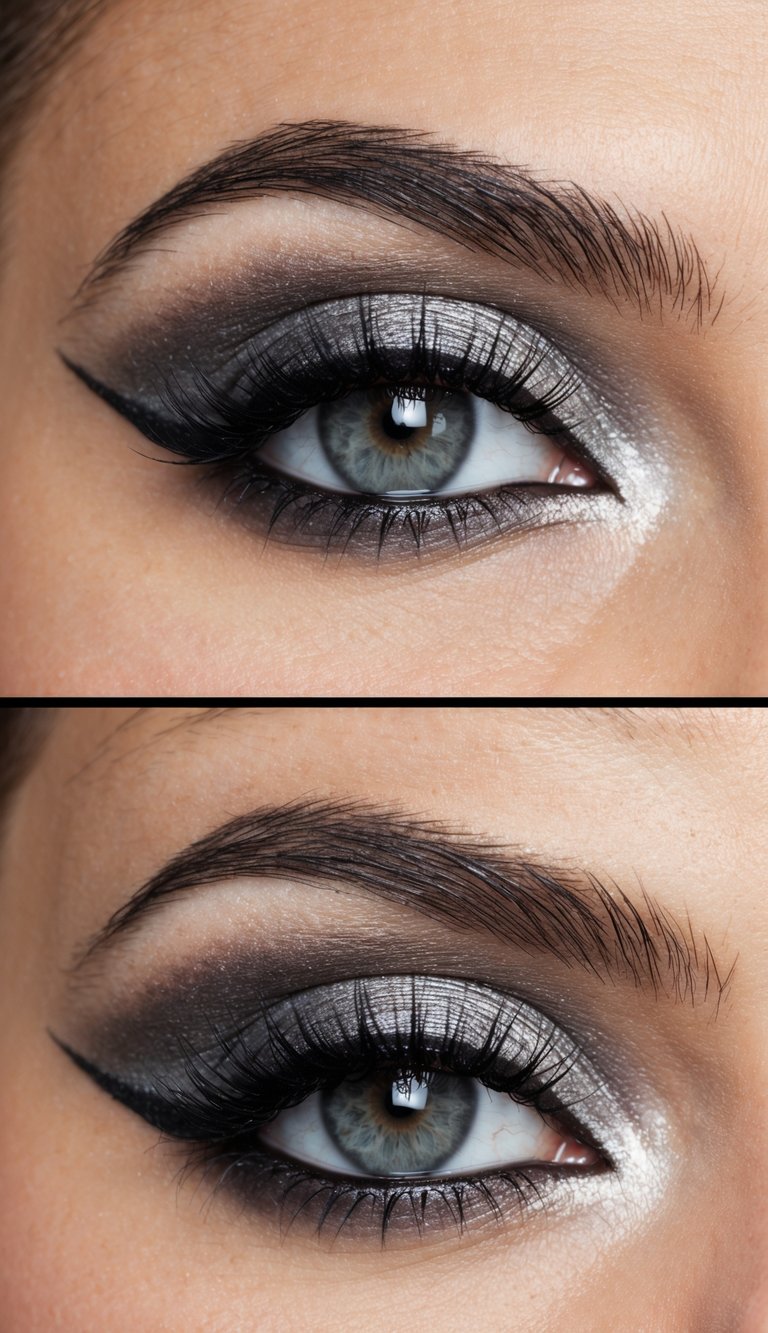 A silver and smoke eye makeup look with a neutral-toned palette, creating a dramatic and stylish effect