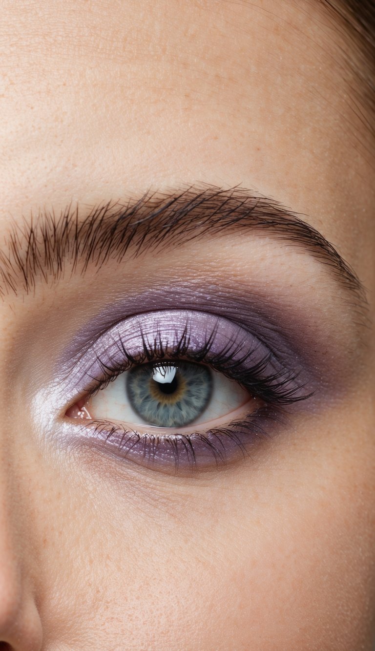 A close-up of icy lilac eyeshadow blending into a cool-toned gradient, shimmering with a hint of elegance and sophistication