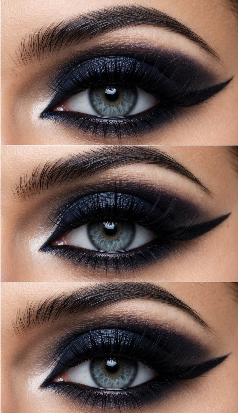 A close-up of a pair of eyes with bold and dramatic makeup, featuring dark shadows and sharp eyeliner, creating an edgy and rock-n-roll chic look