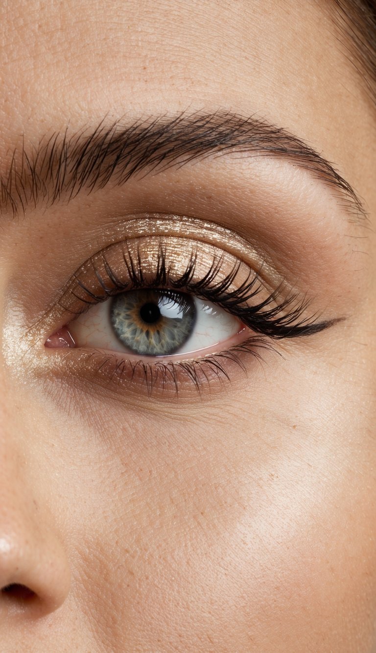 A close-up view of a neutral-toned eye makeup look with a touch of sparkle, reflecting light and creating a subtle yet stylish effect