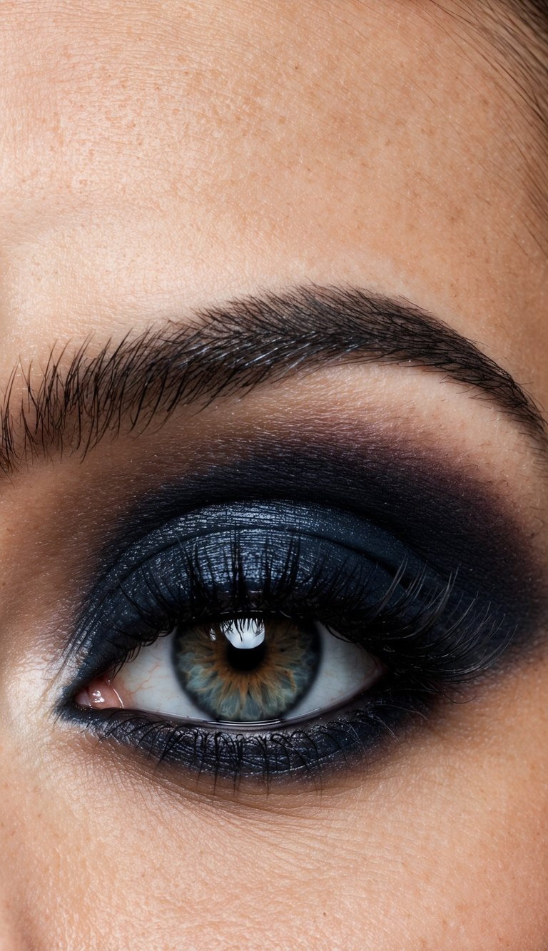 A close-up of a striking eye with bold and dramatic makeup, featuring dark shadows and a captivating allure