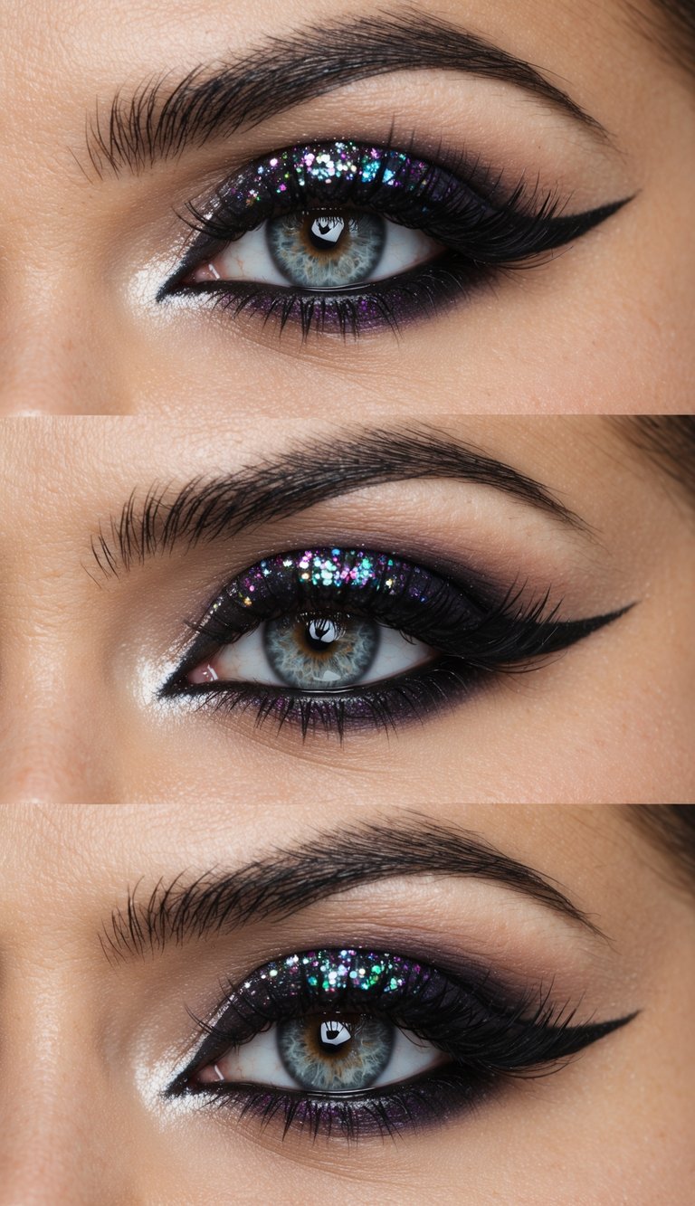 A punk-inspired eye makeup look with bold glitter accents against a neutral backdrop