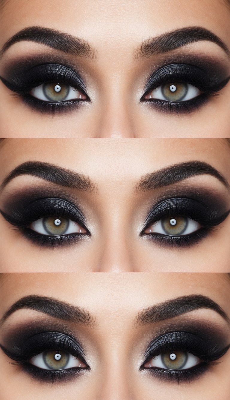 A close-up of a pair of eyes with bold and dramatic makeup, featuring dark shadows and sharp eyeliner