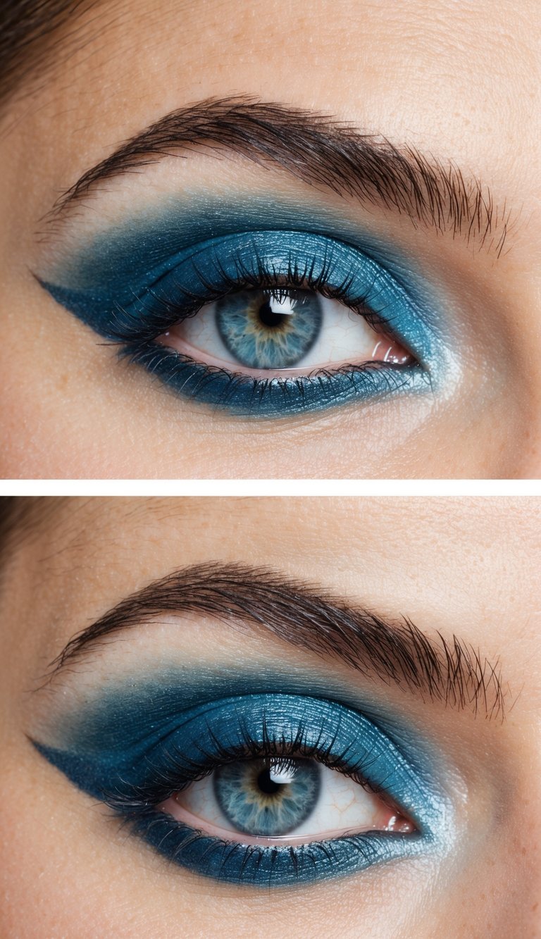 A close-up of ocean-inspired eye makeup in shades of blue and neutral tones, with a subtle shimmer for a stylish everyday look