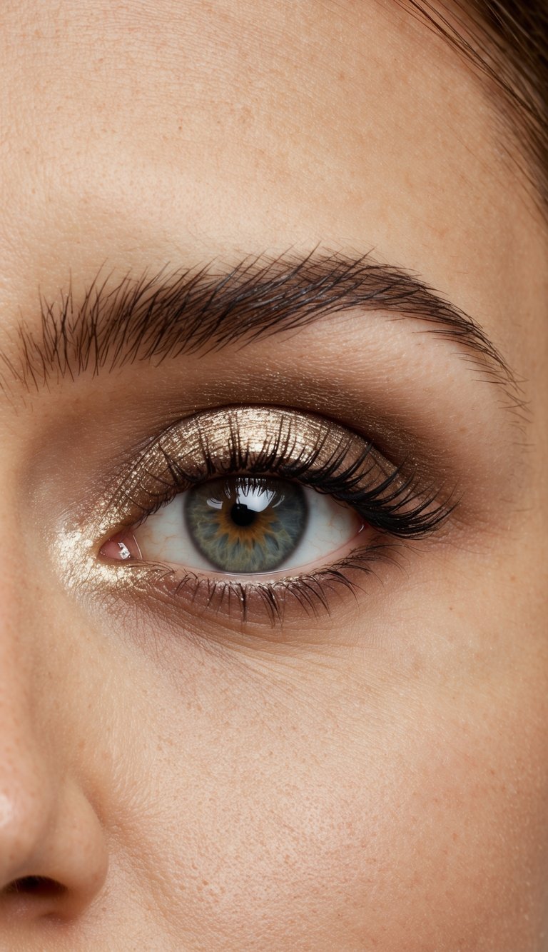 A close-up of an eye with metallic eyeshadow and a touch of shimmer, against a neutral background