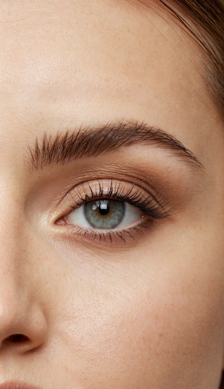 A close-up of an eye with soft matte eyeshadow in natural tones, surrounded by fresh and dewy skin