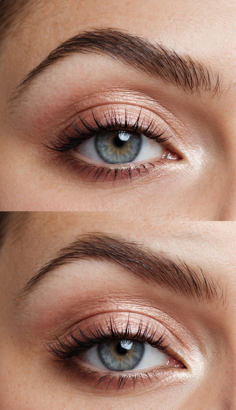 A champagne and rose glow eye makeup look with soft, blended colors and a subtle shimmer