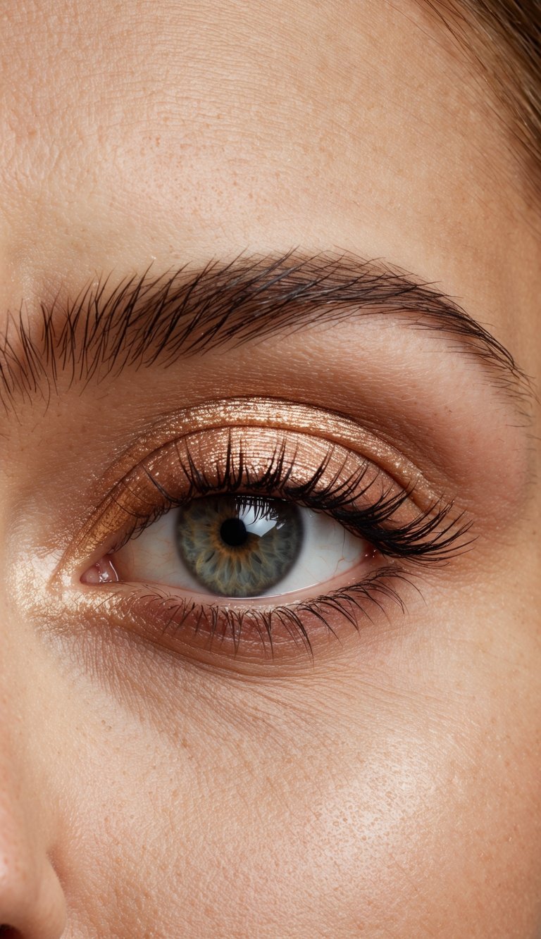 A close-up of an eye with a refined rose gold eyeshadow look, featuring neutral tones and a touch of shimmer