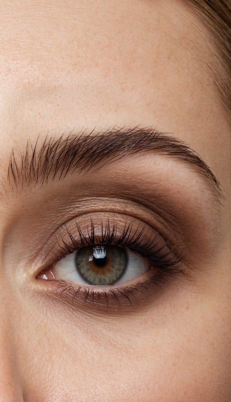 A close-up of a muted brown smokey eye with soft matte shades, creating a fresh and natural daytime makeup look