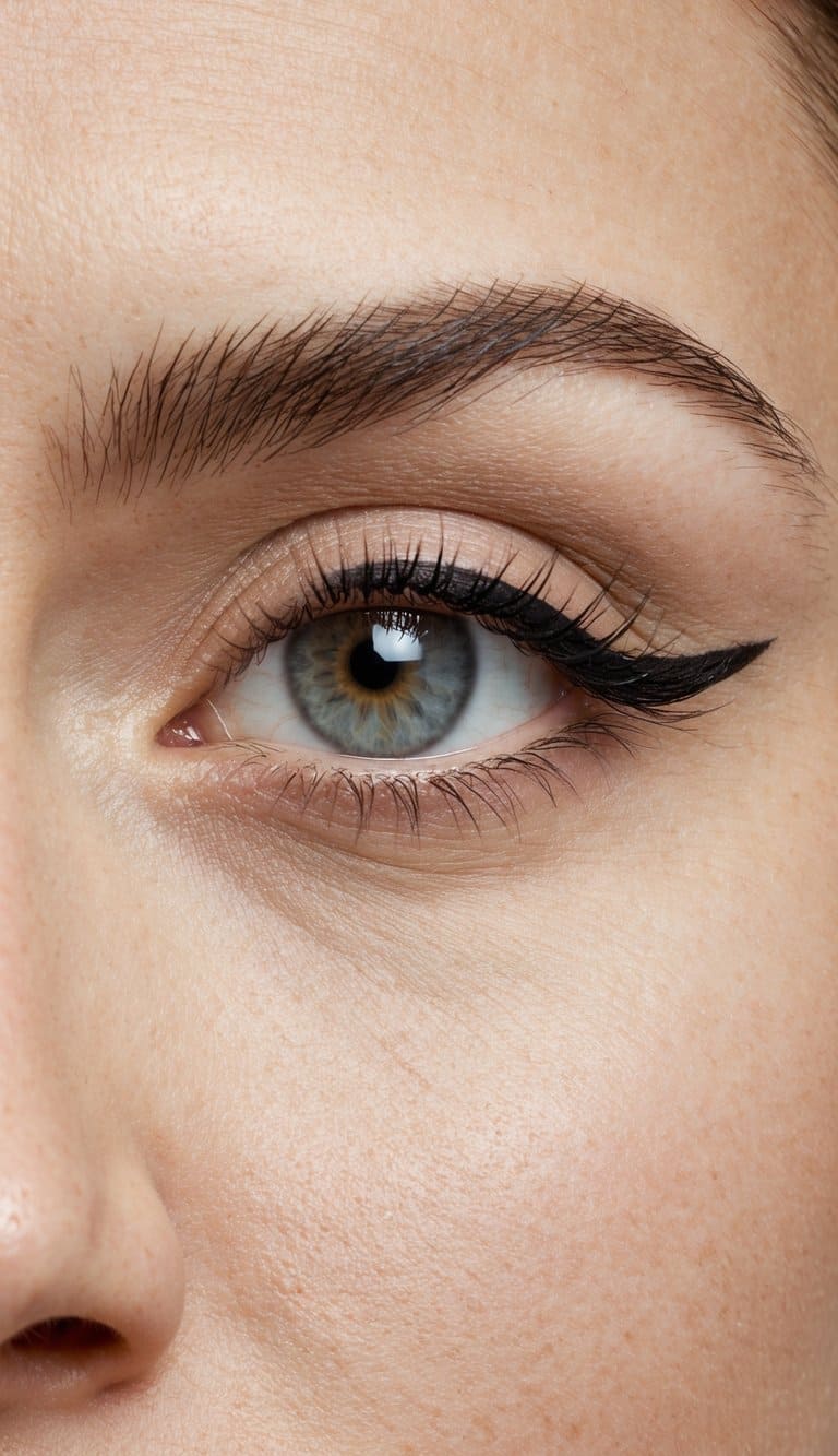 A close-up of an eye with a natural eyeliner flick, surrounded by soft matte eyeshadows in light, neutral tones