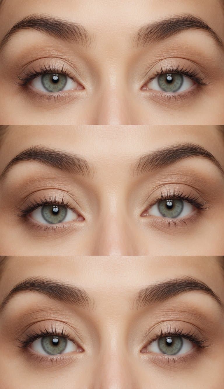 A close-up of a pair of eyelids with a soft, matte eye makeup look in natural tones, with a focus on fresh and subtle colors